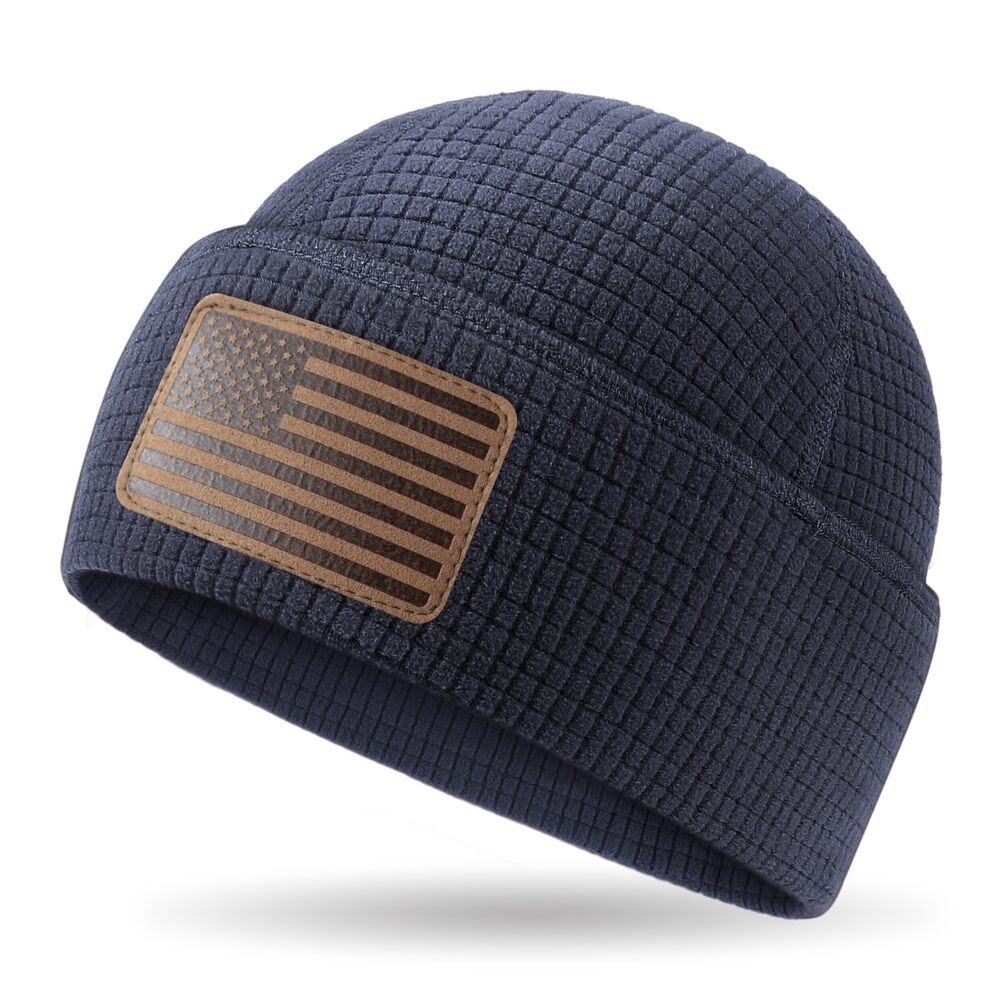 8902 Grid Fleece Cuffed Beanie with Leather American Flag Patch Waffle